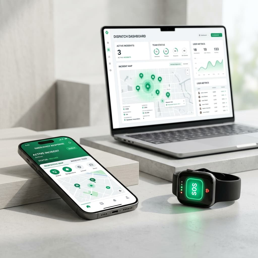 ResQPlus product ecosystem — app, wearable, dashboard